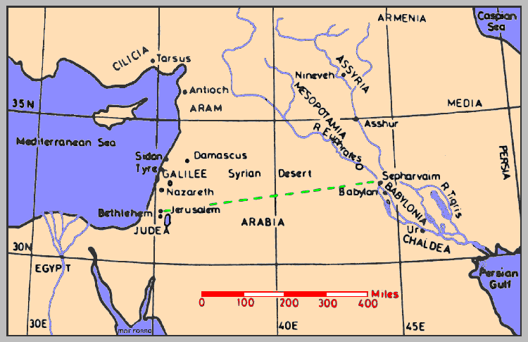 Mappa del Medio Oriente con indicata una delle possibili rotte del viaggio dei Magi da est verso Gerusalemme e Betlemme (da Nature, 1976)