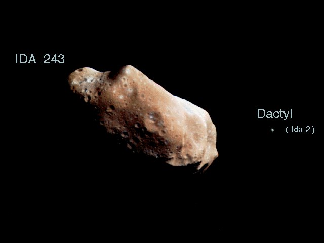 Galileo probe color image of asteroid Ida and moon