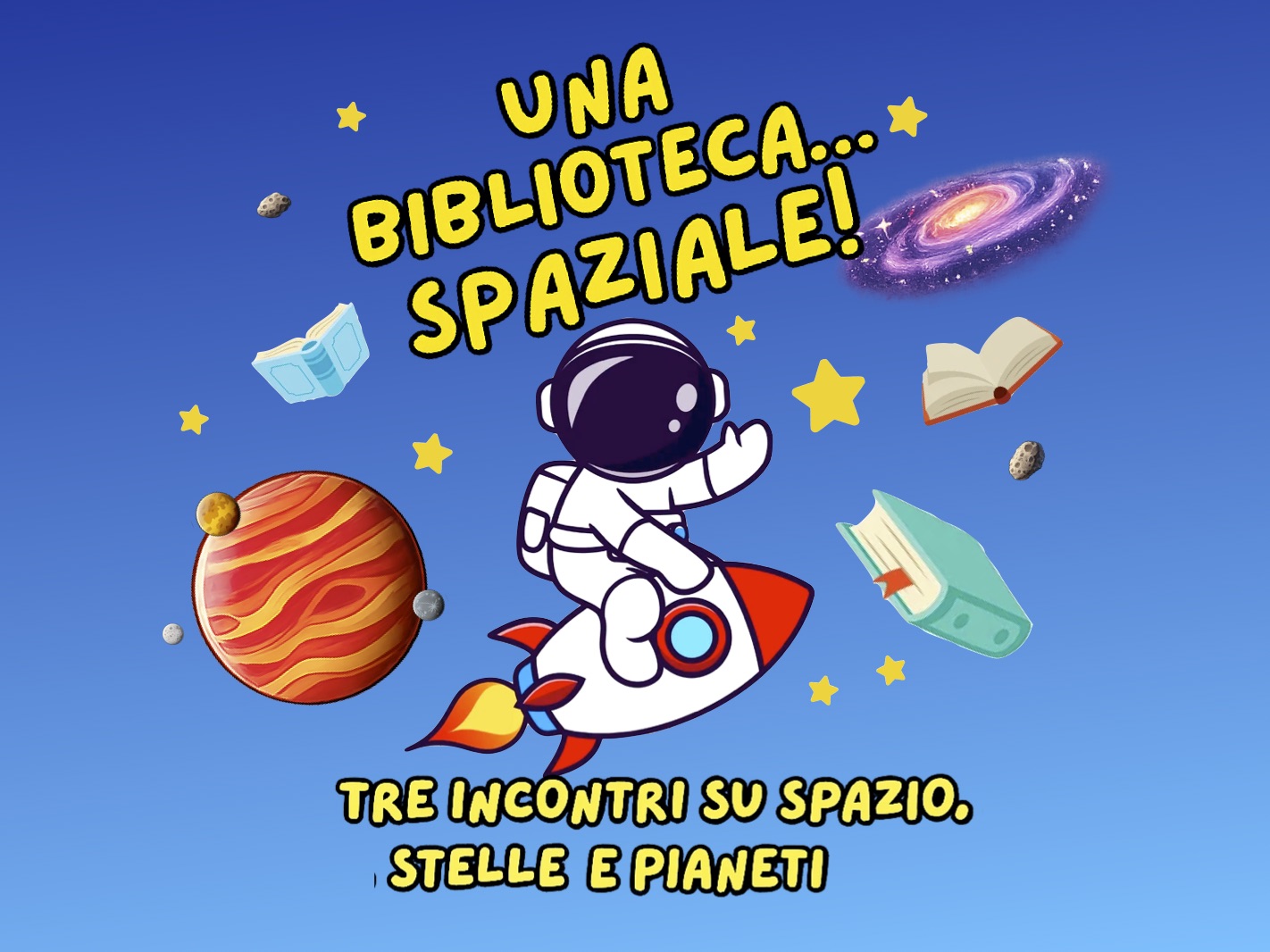 Logo biblioteca spaziale: disegno di un astronauta che cavalca un razzo nello spazio, tra stelle pianeti e libri